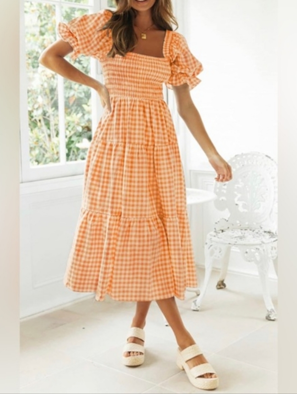 🤠🌻Smocked Square-Neck Gingham Maxi Dress in Peach Size Large